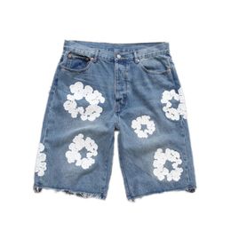 Diseñador Flower Flower Shortpants Slim Mens Blue Denim Shrath Light Wash Jeans