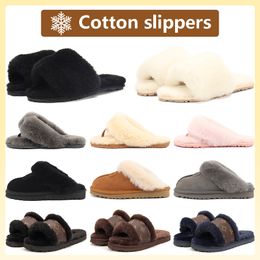 Designer Fluffy Slippers Dames Australië Sandalen Winterbontglaasjes Enkle Indoor Uggse Flip Flops Classic Mini Gedrukte vaste kleur Uggse Booties katoenen slippers