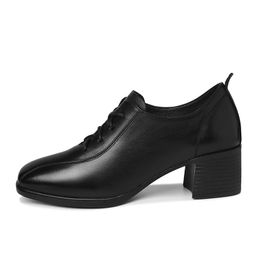 Chaussures de travail de mode Black Fashionable Top Top Layer Cow Hide Square Head Single Single Shoe Lace-Up Color Color Plateforme Chaussures pour femmes