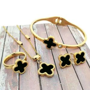 Diseñador para mujer Chapado en oro Pendientes de trébol de cuatro hojas Conjunto Moda Collar de ágata roja Joyería del banquete de boda Regalo Traje combinado de 4 piezas