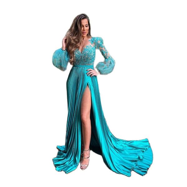 Robes de soirée formelles de créateurs dentelle manches longues robes de bal en satin turquoise avec dentelle appliquée