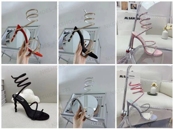 Designer Chaussures Formelles Mode Cristal Agrémenté Pierres Précieuses Sandales Serpent Wrap Femmes Élégantes Talons Hauts Marque De Luxe Chaussures De Soirée D'été