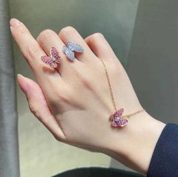 Designer Klavertje Vier Ketting Ring Oorbellen Pak Luxe Top 925 Sterling Verzilverd 18K Goud Dubbele Vlinder Roze Diamant Set Van Clee Accessoires Sieraden