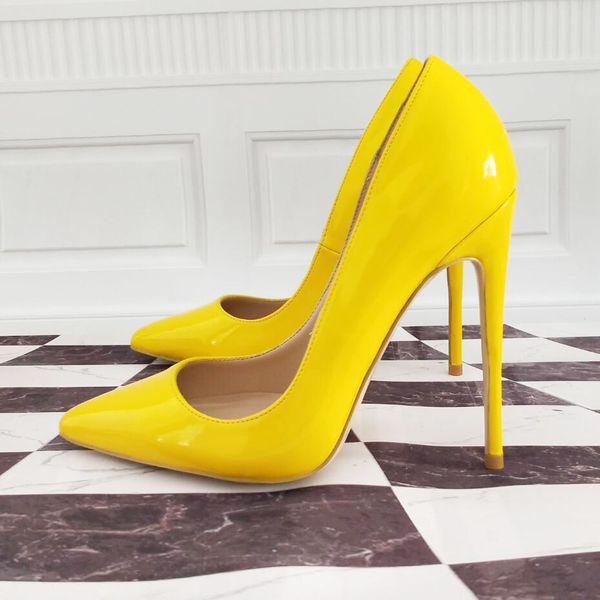 Bombas de mujer de moda sin diseñador, zapatos de tacón alto con punta de charol amarillo, zapatos de tacón de aguja, foto real a estrenar 120 mm 100 mm