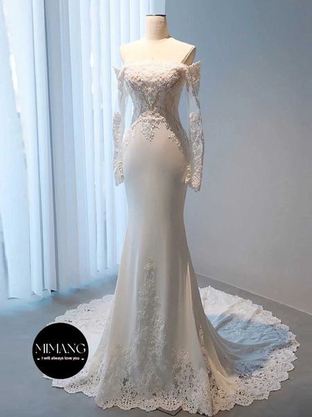 Designer Robe en satin française luxueuse en dentelle à manches longues à manches longues robes de mariée sirène robe robe de la mariée.