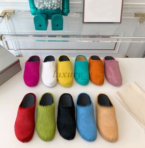 Designer bont slippers paardenhaarglaasjes vrouwen rond teen loafers zwarte roos rode muilt