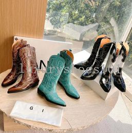 Bottes occidentales de styliste avec tige brodée, bottines de luxe à hauteur de genou pour femmes, chaussures de Cowboy mi-hautes en cuir à la mode
