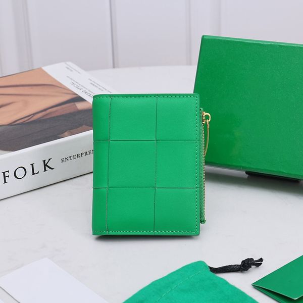 Monedero de cuero genuino de diseñador, marca de lujo, billetera de moda para mujer, bolsa de almacenamiento multifuncional, botón a presión, diseño de cremallera, tejido a mano, 2023, nuevo, verde loro