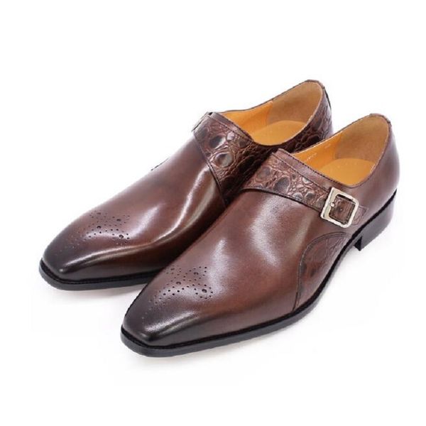 Zapatos de vestir de cuero genuino de diseñador para hombre, zapatos de negocios de oficina con correa de hebilla negra sólida de alta calidad, zapatos de boda 1AA20