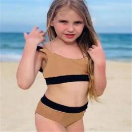 Ontwerper meisje tweedelige badmode kinderbadpakken kinderbikinis modebrief gestreept geruit bedrukt zwempak kinderkleding