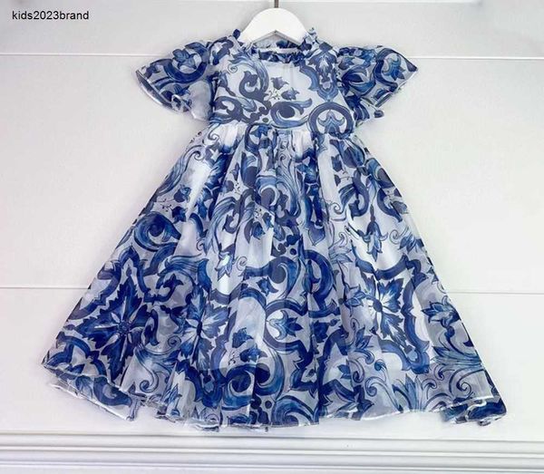 Vestido de diseñador para niñas, vestidos de moda para niños, ropa de bebé con estampado de porcelana azul y blanca