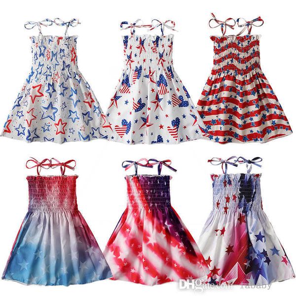 Designer Girls Kids Dress 2023 Summer Flag Print Star Stripe Ruffle Elástico Sin mangas Suspender Vestidos Bebé Niños Ropa casual Falda Multi colores