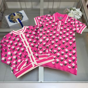 Diseñador niñas princesa ropa conjuntos de lujo niños flores carta tejer cardigan de manga larga con vestido de suéter Moda niños trajes de punto de algodón S0955