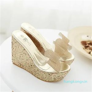 Designer glitter wit goud kristal strass strik wedge schoenen bruids trouwschoenen maat 34 tot 40