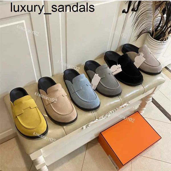 Designer Go Mules Sandales Mueller Pantoufles En Daim Taupe Top Qualité Femmes Pantoufle Go Plat Fond Épais En Daim Enveloppé Toe En Cuir Été Plage Tongs