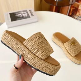 Designer Gold Buckle Slip op zwart bruin zwembad slippers haakglaasjes dames casual sandalen platform wiggen straw flatform slipper 35-42