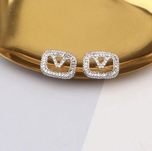 Designer Golden Sier Stud oorbellen voor vrouwen Modemerk Letter Geometrische oorring Inlay Crystal Rhinestone Oorderrup Bruiloftsieraden