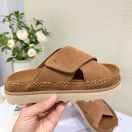 Diseñador Goldenstar Cowhide Clog Zapatillas Sandalias Australia Sandalias Golden Star Beach Cross Slides Mujeres Tazz Tasman Otoño Mostaza Semilla Castaño Zapatilla