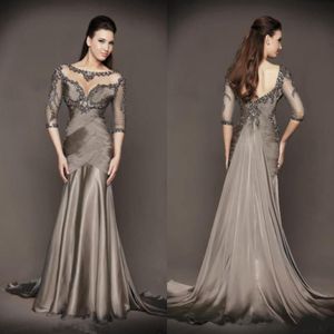 Designer Gray Mermaid Moeder van de bruid jurken 3 4 Lage Sleeve Lace Appliqued kralen plooien bruiloft Guestjurken 328c