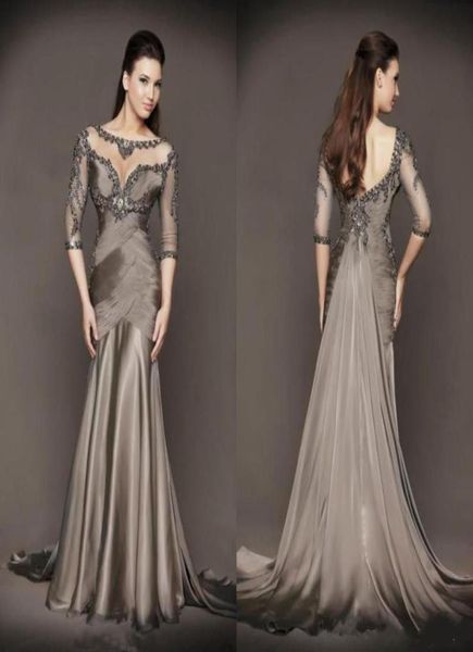 Diseñador gris sirena madre de la novia vestidos 34 manga larga encaje apliques cuentas plisados vestidos de invitados de boda 3924293