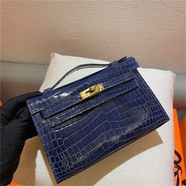 Diseñador Handbag Crocodile Leather 7a Calidad Bolsas de fondo genuinas Costadas azul marino oscuro azul a withqqucwb