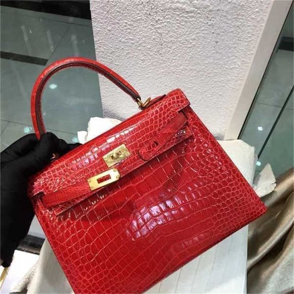 Diseñador Handbag Crocodile Leather 7a Calidad Genuina Handswen 25 cm Totas Red Brand Bag Cera Línea Fastsjqw