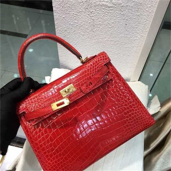 Sac à main designer Crocodile Leather 7A Qualité authentique Handswen 25 cm Botes de marque rouge Coux de ligne de cire de cire