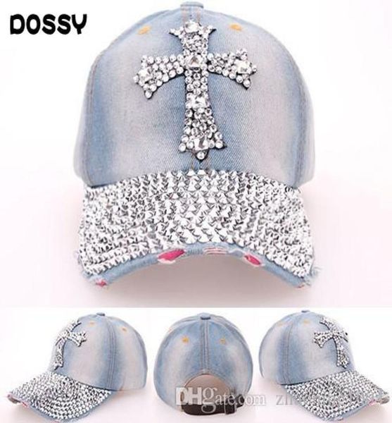 Chapeaux de créateurs Caps Femmes Fémières de luxe Rhingestone Bling Cross Washed Denim Baseball Caps Sun Hat Summer Designer Skull Caps8383321
