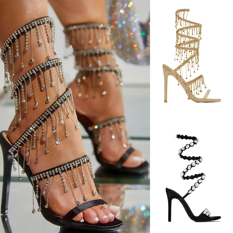 Дизайнерские туфли на каблуке Украшенные кристаллами сандалии для праздника, кожаные туфли на шпильке на высоком каблуке Вечерние туфли женские на каблуке Дизайнерские ботильоны обувь