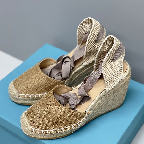sandales à talons design espadrilles sandales compensées femmes sandales compensées chaussures d'été sandales en lin talons hauts bride à la cheville chaussures à plate-forme noire 536