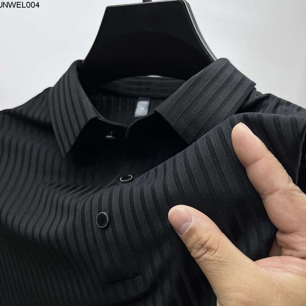 Diseñador de gama alta a rayas de seda de hielo camiseta de manga corta para hombre solapa verano color sólido material liso Paul Polo camisa media ropa