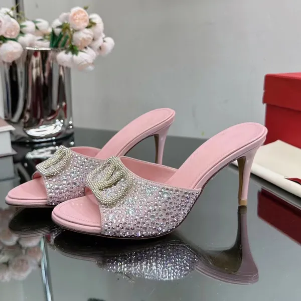 Zapatillas de tacón alto de diseñador para mujer, sandalias informales con decoración de cristal, punta abierta, hebilla de Metal, talla 35-43