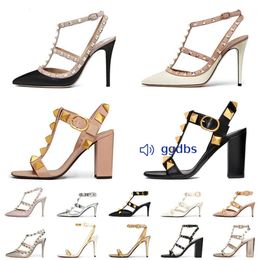 Designer hoge hak VT sandaal jurk schoenen enkelbandje Romeinse studs zwart naakt strip klinknagels Womens stiletto blokhak maat 35-42