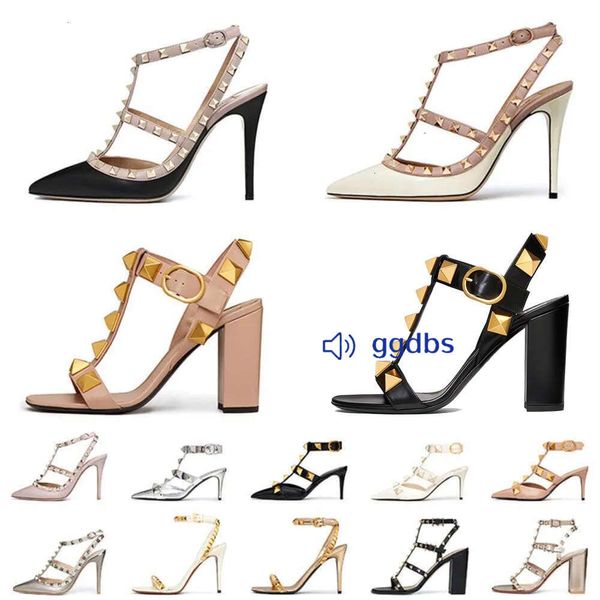 Designer High Heel VT Sandal Robe Chaussures Bride à la cheville Goujons romains Noir Nude Strip Rivets Femmes Stiletto Block Talon Taille 35-42