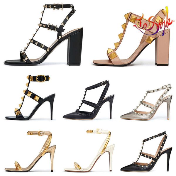 Designer High Heel Vt Sandale Dress Shoes Sangle de cheville Studes romains Black Nude Strip Rivets Womens Stiletto Block Talon