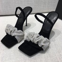 Diseñador sandalias de tacón alto zapatillas de cuero genuino de calidad superior suave brillo diamante lentejuelas verano moda negro zapatos de mujer súper sandalias de tacón alto para mujer