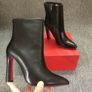 Bottes de styliste à talons hauts, bas rouge brillant, talon épais, bout pointu, noir mat, cuir véritable, demi-bottes de luxe, taille 35-43