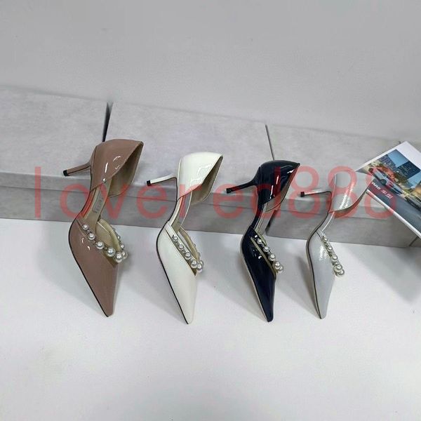 Diseñador Tacones altos Famoso Perla Mujer Sandalias Zapatos Bombas Lujo Londres Aurelie 65 85mm Italia Moda Punta puntiaguda Correa de tobillo Patente negra Vestido de noche Sandalia