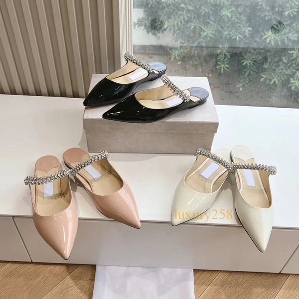 Diseñador zapatos de tacones altos sandalias de mujer diamantes de imitación verano marca de cuero real bombas fondo plano punta puntiaguda sandalia mate negro desnudo con caja