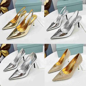 Ontwerper Hoge Hakken Bezaaid Metallic Leer Muiltjes Sandalen Naaldhak Lakleer Goud Zilver Enkelbandje Sandaal Pumps Open Tenen Strass Schoenen