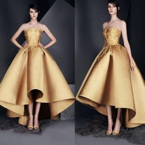 Designer High Low Gold Prom Dresses 2020 Strapless Satin Applique Enkle Lengte Formele Cocktailjurk Petite Roaden De