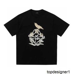 Diseñador Camiseta suelta con bordado de pájaros y plantas de alta calidad para hombres y mujeres, traje de pareja a juego, media manga, verano Familia Luo de manga corta MZM2