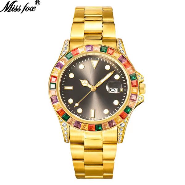 Diseñador de alta calidad, moda costosa, alta calidad, diamante insertado, color, diamante, luminoso, acero inoxidable, fabricantes de relojes para hombres, agente reloj