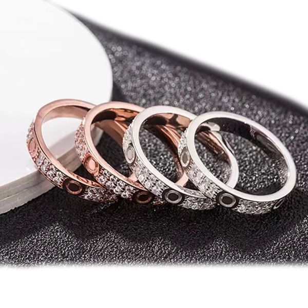 Bague d'amour de haute qualité de styliste, 3mm4mm, perceuse à deux rangées, couple, diamant, acier inoxydable, bijoux en zircon, cadeau pour femmes, accessoires, vente en gros