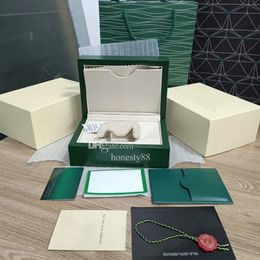Boîte de montre de créateur de haute qualité, certificat de sac en papier vert, boîte d'usine de montres en bois pour hommes et femmes, accessoires de boîte de montre de qualité supérieure, boîte verte essentielle de montre