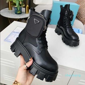 Ontwerper Hoge Kwaliteit Winter Womens Laarzen Calfskin Martin Schoen Afneembaar Nylon Pouch Combat Schoenen Dames Buiten Dikke Bodem Mid-Length Work Boot