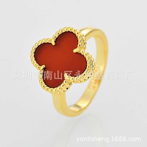 Designer High Version Van Clover Ring Classic Plated 18K Natural White Fritillaria Red Agate