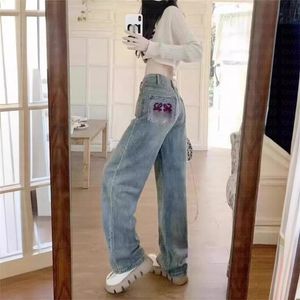 Designer High Taille Cotton rechte jeans veer nieuwe stijl retro gerafeld los afslankbeenbeen broek met een lang lager gewassen pingeffect