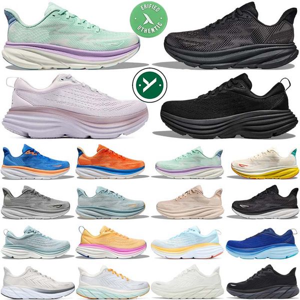 Diseñador Hokas Bondi Clifton 8 9 Zapatillas para correr para hombres, mujeres, hombres, Triple Black White Cloud, zapatillas de deporte para mujer.