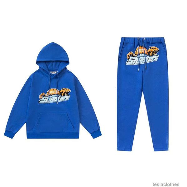 Diseñador con capucha para hombre sudaderas moda streetwear versión correcta trapstar azul cabeza de tigre toalla bordado felpa suéter con capucha pantalones con cremallera para hombre para mujer conjunto a